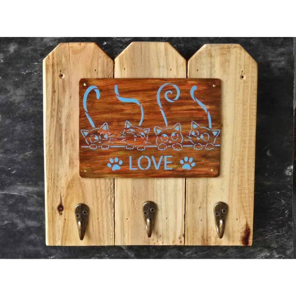 Cat Leash / Key Holder, Rustic, 3 Metal Hooks, Handmade, Solid Wood, 4 Cat Lover